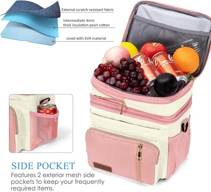 MIYCOO Lunch Bag & Lunch Box for Women Men, Double Deck Leakproof Insulated Soft Large Adult Camping Cooler bag for Work, Beach, Picnic, Travel (Pink White, 15L)