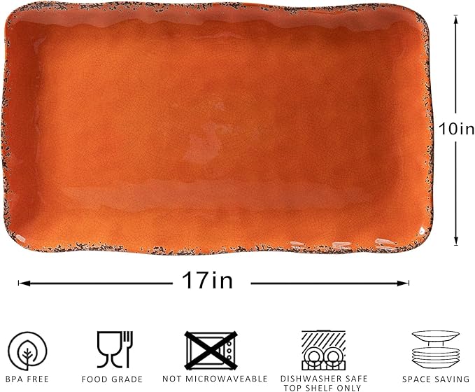 Vintage Melamine 17" x 10" Serving Platters for Serving Food, Set of 2, 100% Melamine Large Rectangle Serving Trays Sets for Fruit, Appetizer, Dessert, Home and Party Use. Orange