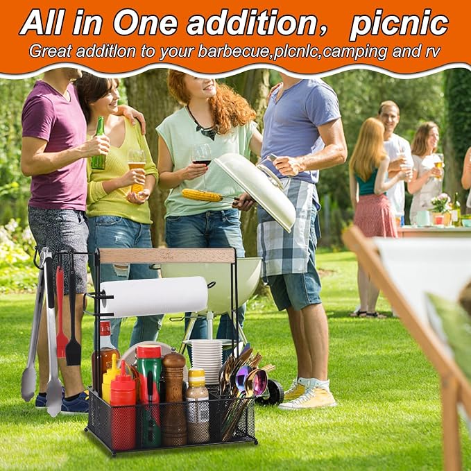 VIKEYHOME Grill Caddy, Picnic BBQ Organizer for Camping | Outdoor Mesh Basket with 3 Hanging Hooks and Paper Towel Holder, Ideal Table Storage Tools for RV Camper/Tailgating/Flatware