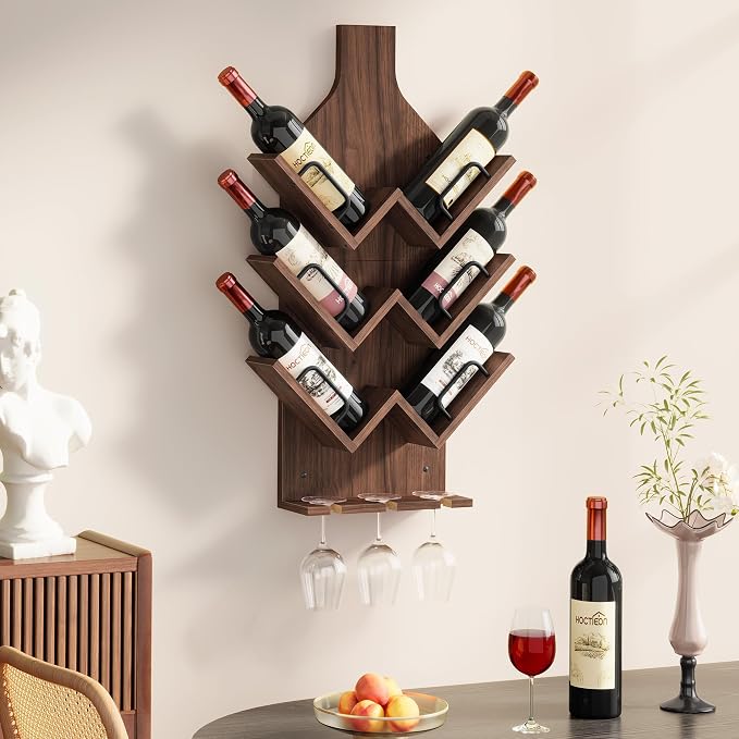 Hoctieon Wine Rack Wall Mounted, 6 Bottles Wood Wine Rack for Display and Storage, Hanging Bottle Holder Bar Shelves for Living Room, Kitchen, Dining Room, Wine Cellar, Walnut