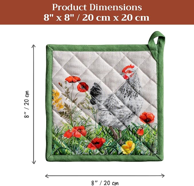 Maison d' Hermine Pot Holders 100% Cotton Potholders (8" x 8", Pack of 2) | Heat Resistant Hot Pads with Loop BBQ Cooking Baking Farmhouse Kitchen Handling Hot Pans Spring Summer - Basse Cour