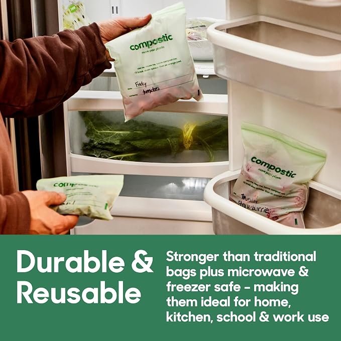Compostic Compostable XL Sandwich Bags (200 Count) Bulk Pack — Resealable Zip-Seal, Plant-Based, Home Compostable, Freezer & Microwave Safe, BPA-Free, Non-Toxic, GMO-Free Food Storage Bag