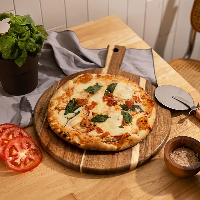 Acacia Wood Cutting Board and Chopping Board with Handle for Meat, Cheese Board, Vegetables, Bread, and Charcuterie - Decorative Wooden Serving Board for Kitchen and Dining Room, Large 13" x 13"