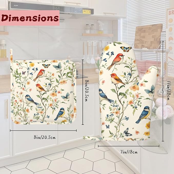 Butterfly Bird Vintage Heat-Resistant Silicone Oven Mitts and Pot Holder 4 Piece Set,Non-Slip Kitchen Oven Gloves for Baking, BBQ, Cooking,Grilling