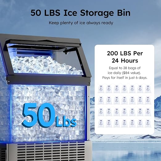 Commercial Ice Maker Machine - 200 Lbs/24H, Commercial Ice Machine with 50 LBS Storage Bin, Under Counter or Freestanding Ice Maker, 55 Ice Cubes in 5-15 min, Thicknesses Adjustable, Stainless Steel