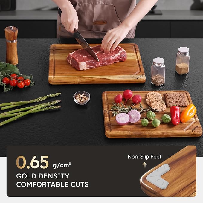 2 Pack Teak Cutting Boards for Kitchen Wood Wooden Cutting Board Non Slip | Non Toxic, Over Sink, NOT Bamboo Stainless Steel Titanium Acrylic Acacia Olive, Space-Saving, Best Kitchen Gift for Mom