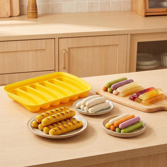 2 Pcs Silicone Sausage Mold with a Set of Silicone Brush Spatula and 25x Pastry Bags,Non-Stick Hot Dog Bun Pan,DIY Handmade Ham Sausage,Hot Dogs Baking Mold for Children's Food with Lid(Yellow/2)