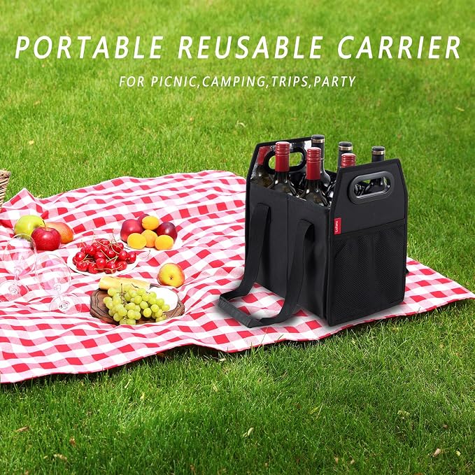 6 Bottle Wine Carrier Collapsible Reusable Portable Wine Bottle Carrier Case for Tote Bag Moving, Vacation Bottle Caddy Grocery Shopping Wine Tasting Accessory, Black