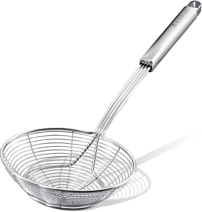 Anaeat Stainless Steel Spider Strainer Skimmer - Solid Kitchen Strainer Ladle with Long Handle for Cooking and Frying, Reinforced Double Coil Slotted Spoons for Pasta, Noodle, Spaghetti (5.5 Inch)
