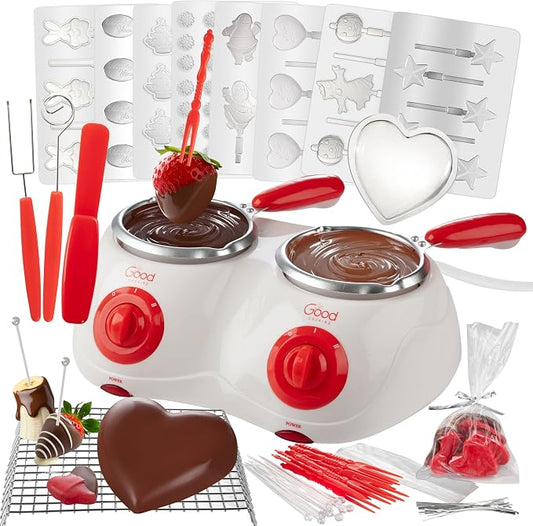 Electric Chocolate Melting Pot Dual Set with 30-Piece S'mores Accessories | Fondue Candy Maker for Dipping, Drizzling and Decorating Strawberries, Marshmallows, Pretzels, Fruit Cookies and Party Treats