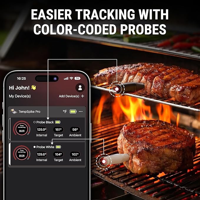TempSpike Wireless Meat Thermometer Digital with App, WiFi & Bluetooth BBQ Grill Thermometer with High Precision, Waterproof & Heat-Resistant Probes, Rechargeable Base with Display for BBQ Smoker Oven