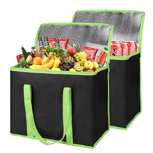 2-Pack Insulated Reusable Grocery Shopping Bag, X-Large, Black-Green | Insulated Food Delivery Bag, Commercial Catering Food Warmer, Tote Cooler Bag, Heavy Duty, Thermal/Frozen Food Storage Picnic