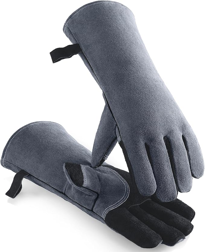 OZERO Welding Gloves, 16 Inch, EN407 Heat Resistant to 932°F, Black-Gray | 1.2 mm Split Leather, Aluminum Heat Shield, Aramid Stitching, Long Cuff, MIG/TIG/Stick welding, Fireplace Fire Pit and BBQ