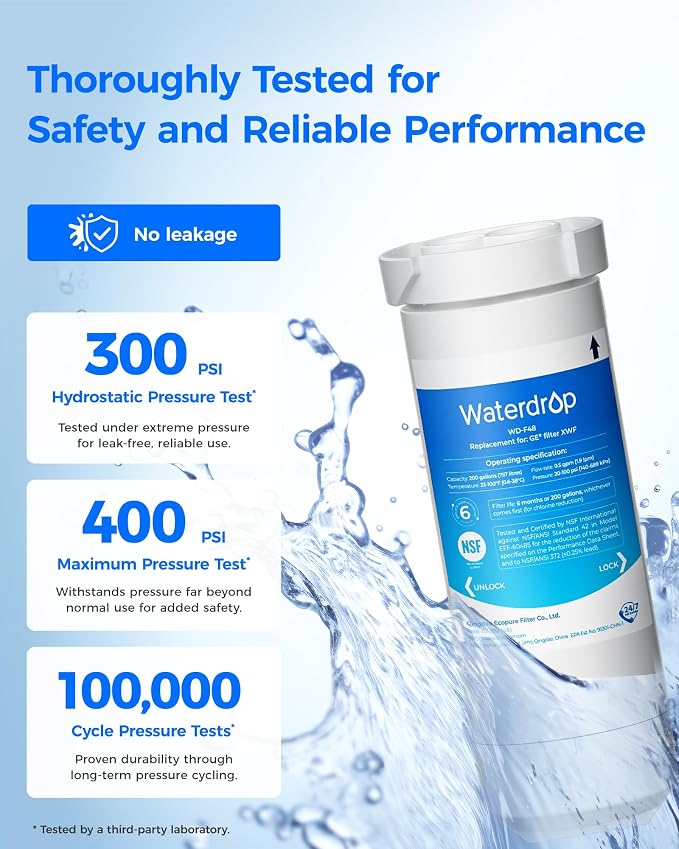 Waterdrop XWF Water Filter Replacement for GE® WR17X30702, No chip | Replacement for GE® XWF, NSF 42 & 372 Certified, Compatible with GE® GNE27, GFE26, GDE25, GSS25, PSE25 Series Refrigerators