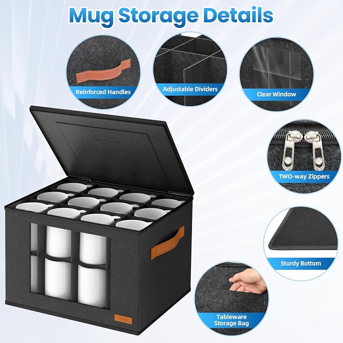 Foyego 2-Layer Coffee Mug Storage Box with Dividers, Cup and Mug Storage Organizer with Zipper Lid and Handles, Stackable Cup Organizer for 24 Coffee Mugs, Cups and Glasses, Dark Grey