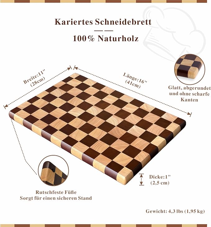 Checkered Cutting Board for Kitchen, 16"L x 11"W x 1"Th – Wooden Chopping, Cheese & Charcuterie Board in Acacia Wood, Butcher Block Serving Tray for Meat, Fruit, Bread & Vegetables | 16" x 11" x 1" Thick | Acacia & Rubber Wood | Cheese & Charcuterie Bo...
