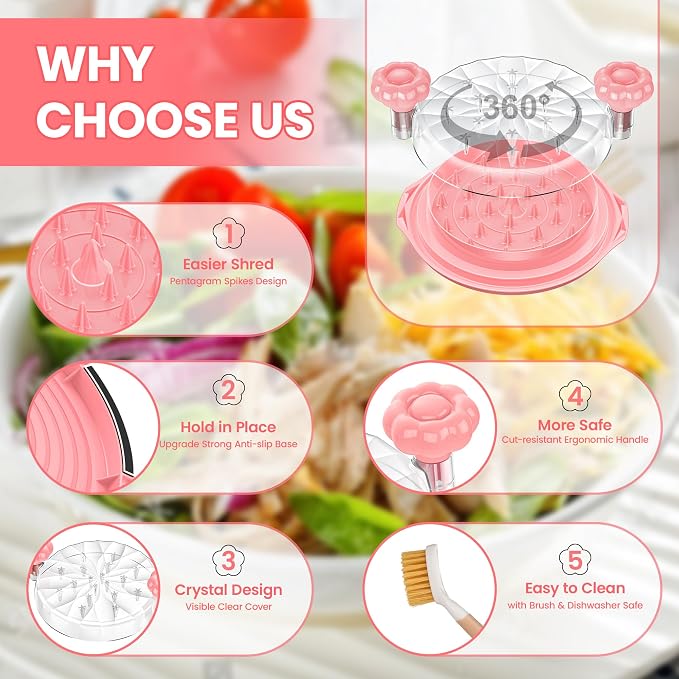 Chicken Shredder Tool Twist Large - Meat Shredders for Chicken Breast | 10'' Pro Visible Kitchen Gadgets Grinder Machine with Brush,Strong Anti-Slip Strip,Ergonomic Handle,BPA Free (Pink)