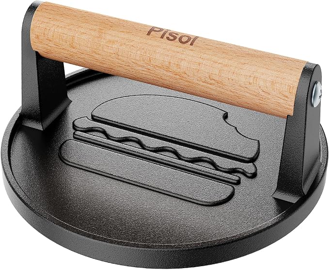 Pisol Pre-Seasoned Cast Iron Smash Burger Press, 2 lb Meat Press Tool 6.6” | Rustproof, Pre-Seasoned, Flat Bottom, Round, Wooden Handle, Dishwasher Safe, No Stick, Easy to Clean, 6.6'' Wide, 2lb