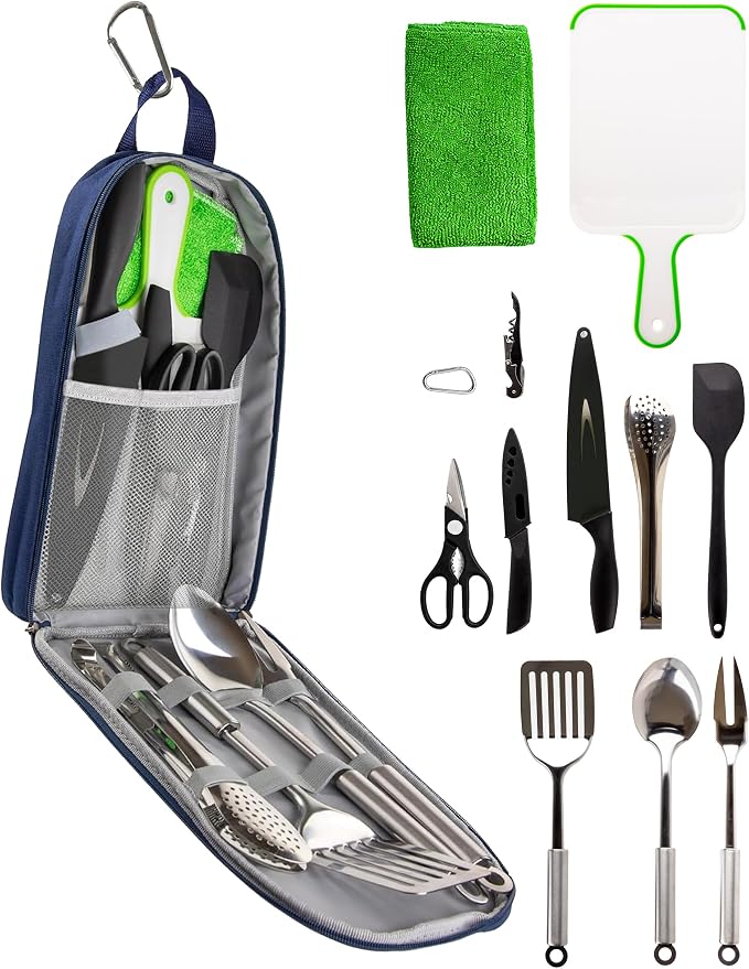 Life 2 Go 12 Pcs Camp Cooking Utensil Set & Outdoor Kitchen Gear Cookware Kit, Portable Compact Carry Case for Camping, Hiking, Travel, BBQ Grilling Stainless Steel Accessories Spoon & Fork, Navy