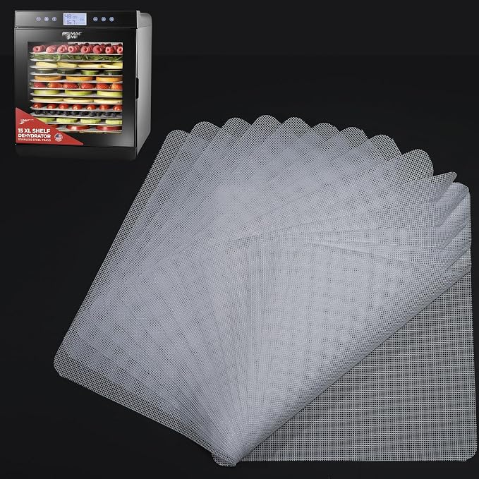 Silicone Dehydrator Sheet for Magic Mill 15 Extra-Large Trays, 15-Pack 12x13 inch Reusable Drying Tray Liners - BPA-Free Easy Clean - Healthy Snacks - Jerky Herbs Fruit