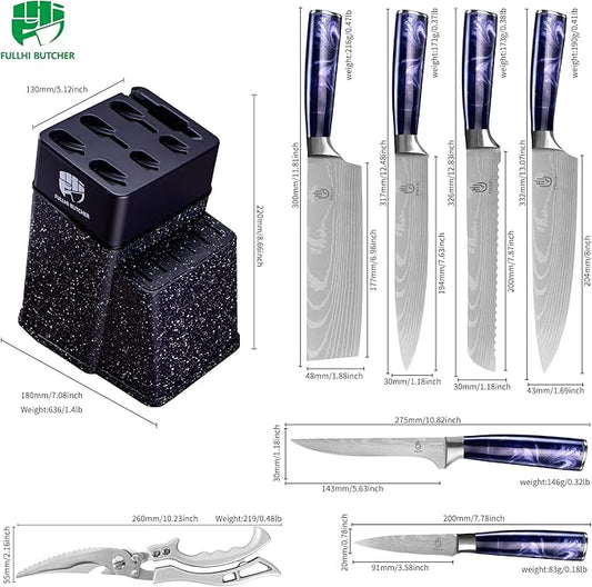 FULLHI 8pcs block Knife Set,chef's Knves Set with Block and Sharpener, Kitchen Knife Set,Multi-colour Handle, Gifts for Men Women