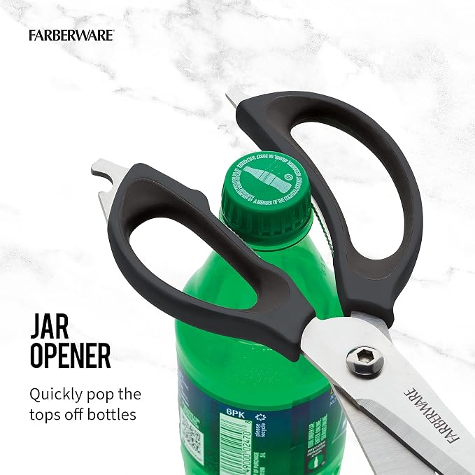 Farberware 4-in-1 Kitchen Scissors with Black Handle, High-Carbon Stainless Steel Shears with Jar Opener, Bottle Opener and Screwdriver, Kitchen Shears for Food Prep