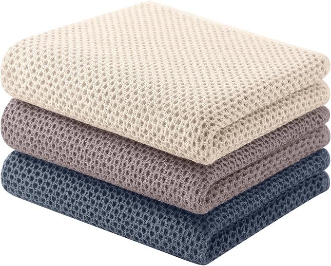 Homaxy 100% Cotton Waffle Weave Kitchen Towels, 3-Pack, Mixed Color | 13 x 28 Inches, Ultra Soft Absorbent Dish Towels, Quick Drying Cleaning Towels