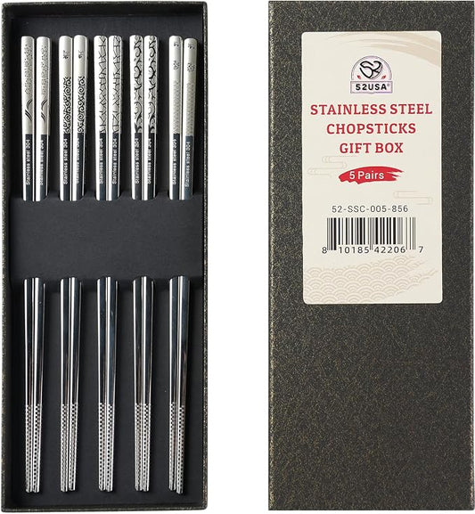52USA Stainless Steel Chopsticks Reusable Gift Set, 5 Pairs–Lightweight 304 Stainless Steel Metal Chopsticks,Dishwasher Safe, Non-Slip, 9 in/22.9cm,Japanese Korean Chop Stick Ideal for Sushi, Noodles