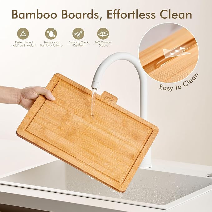 Bamboo Cutting Boards for Kitchen Set of 3, Large 14’’ x 10’’ with Holder, Wooden Cutting Board with Juice Groove & Labels for Meat Vegetables Bread