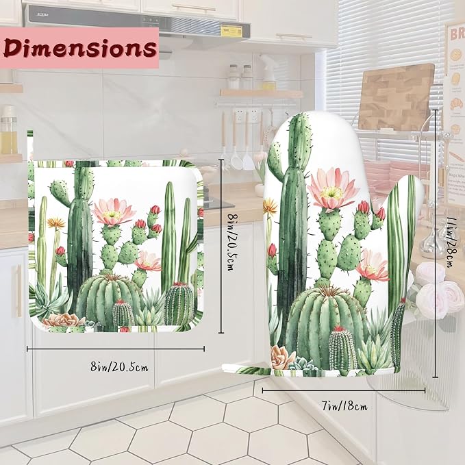 Cactus Succulent Greenery Flower Heat-Resistant Silicone Oven Mitts and Pot Holder 4 Piece Set,Non-Slip Kitchen Oven Gloves for Baking, BBQ, Cooking,Grilling