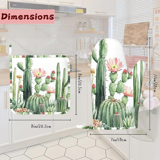 Cactus Succulent Greenery Flower Heat-Resistant Silicone Oven Mitts and Pot Holder 4 Piece Set,Non-Slip Kitchen Oven Gloves for Baking, BBQ, Cooking,Grilling