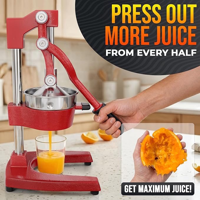 Cast Iron Juicer Hand Press, Heavy-Duty Squeezer, 304 Stainless Steel Bowl – One Pull Extracts Full Juice – Manual Citrus Press Juicer & Orange Squeezer for Lemon, Lime & Lemonade at Home Bar (Red)