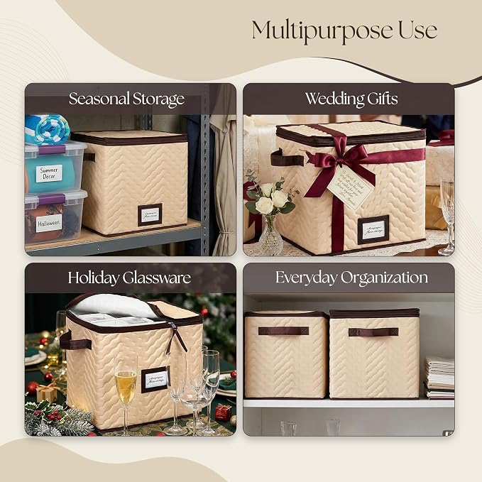 Wine Glass Storage Box with Dividers, Holds 12 Champagne Flute 3" Wide | 2 Pack, Stemware Storage Case, Protects Fine China, Durable Quilted Microfiber, Carry Handles, Ideal for Champagne Flute
