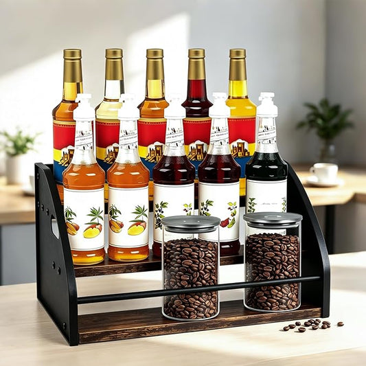 3-Tier Coffee Syrup Rack with Easy-Carry Handles | Retro Large Countertop Bottle Organizer Shelf |15 Syrup Bottles Holder | Sturdy Freestanding Bar Stand for Coffee, Whiskey & Spirits
