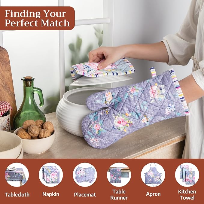 Maison d' Hermine 100% Cotton Oven Mitt & Pot Holder Set (7.5"x13" & 8"x8") | Heat Resistant BBQ Cooking Gloves with Loop Baking Kitchen Hotel Home Farmhouse Spring Summer - Sweet Rose Lavender - Lush
