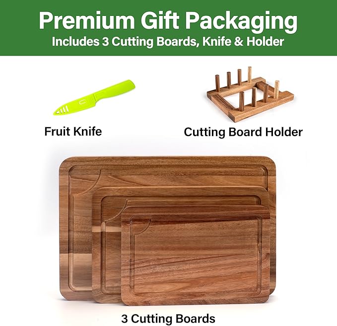 Wood Cutting Board Set, 3-Piece Cutting Board with Stand for Kitchen | Chopping Board with Juice Groove & Handles, Serving Board, Ideal for Meat, Vegetables and Cheese