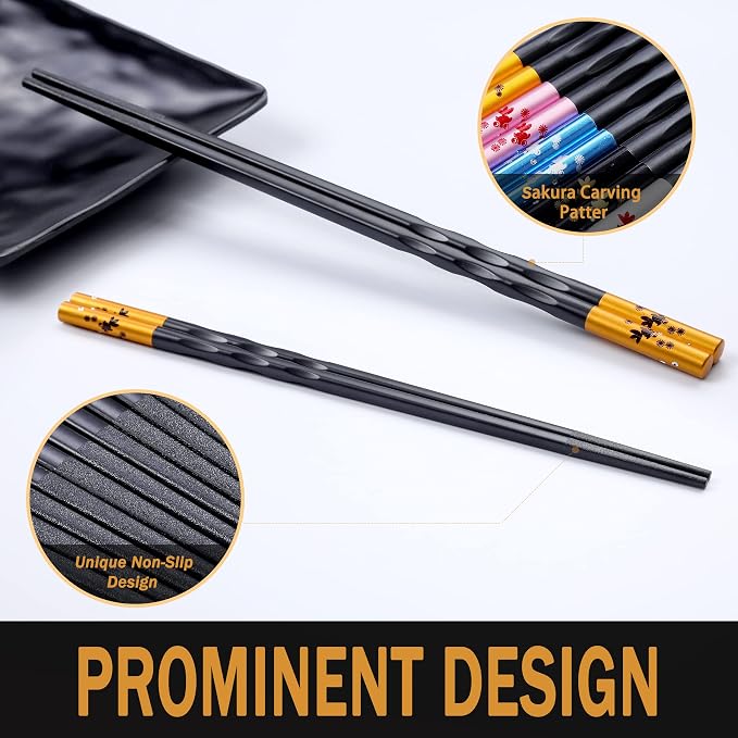 Fiberglass Chopsticks Series - Japanese Non-Slip Chopstick, Reusable Chop Sticks Dishwasher Safe, 5 Pairs, Gift Set, 9.9 Inches,Golden Fish