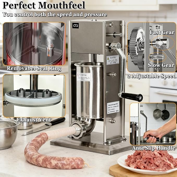 CTJ Sausage Stuffers Stainless Steel Sausage & Churro Maker 5L/11Lb | Manual 2 in 1 Sausage Stuffer & Churro Maker, 2-Speed Adjustable Vertical Sausage Maker, 4 Stuffing Tubes & Churros Nozzle