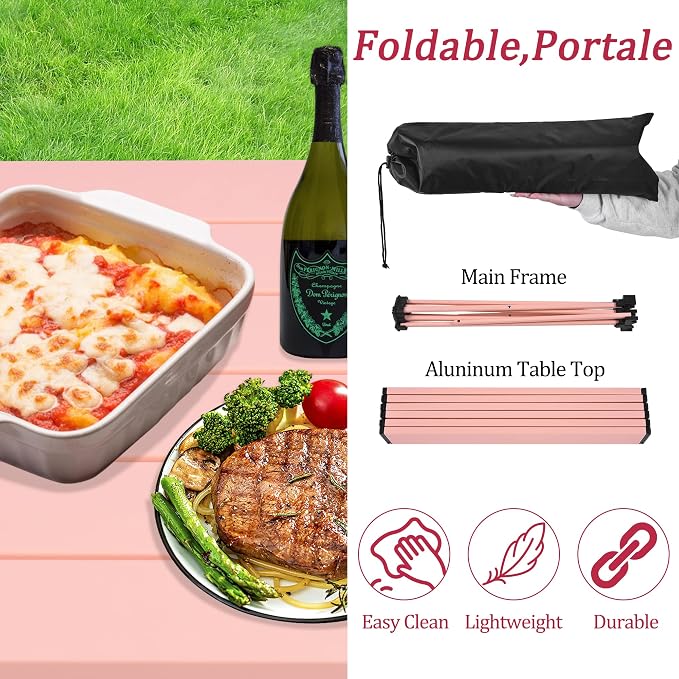 Grope Portable Beach Table for Sand, Folding Camping Table (Pink-M) | Aluminum Table With Carry Bag for Camping，Portable & Easy to Carry，Prefect for Outdoor, Picnic, BBQ, Cooking, Beach