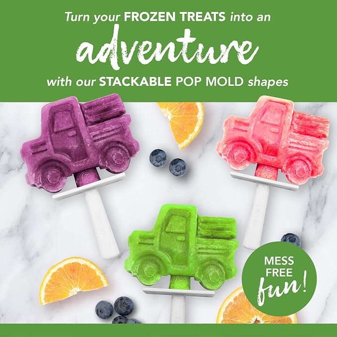 Tovolo Truck Popsicle Mold Pack of 4 Silicone Ice Pop Makers with Sticks for Kids, Stackable Construction Vehicle Shaped Frozen Treats, BPA Free Dishwasher Safe Truck Molds for Popsicles