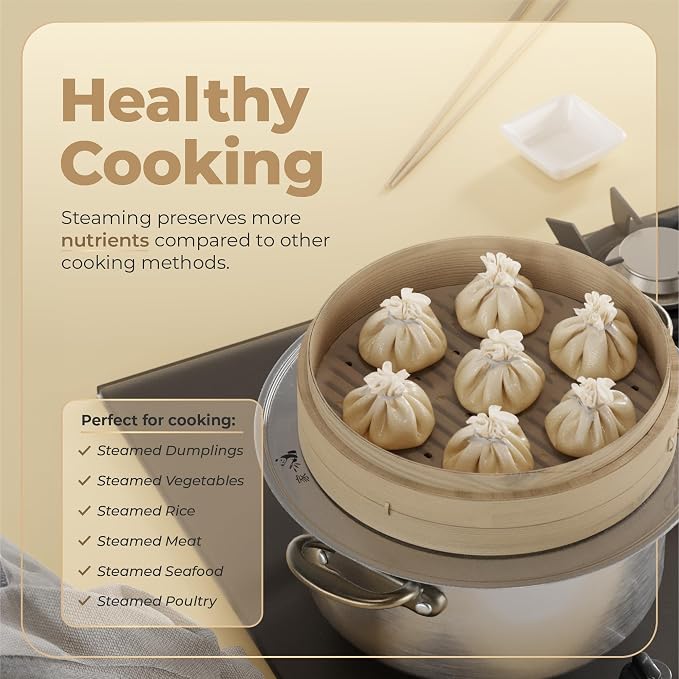 Bamboo Steamer Basket - Cook Delicious Meals with Authentic Flavor at Home | 12 Inch, 2 Tiers + 50 Liners, Chopsticks and Sauce Dish - Steam Family Portions of Dumplings, Bao and Vegetables at Once