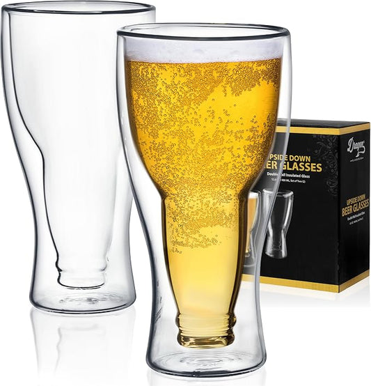 Dragon Glassware Upside Down Beer Glasses, 13.5 oz Set of 2 - Clear | Double Wall Insulated Beer Glass Set of 2; Upside Down Design; Holds One Full Bottle; Freezer Safe