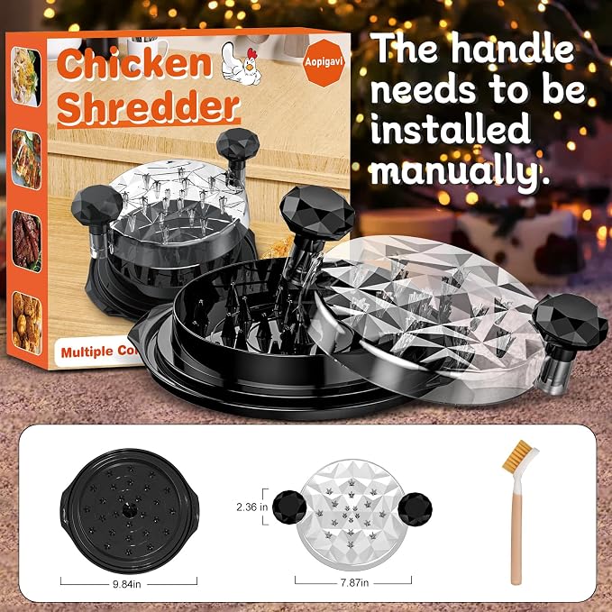 Chicken Shredder with Brush 10" Pro Chicken Shredder Tool Twist Stable Anti-Slip BPA Free Meat Shredder Tool Twist Ergonomic Handle Meat Grinder Dishwasher-safe Transparent Lid Black