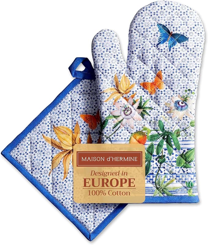 Maison d' Hermine 100% Cotton Oven Mitt & Pot Holder Set (7.5"x13" & 8"x8") | Heat Resistant BBQ Cooking Gloves with Loop Baking Grilling Kitchen Hotel Home Farmhouse Spring Summer - Passiflora