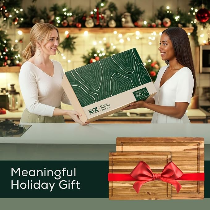 EZ FURNITURE Small (S) Teak Edge Grain Cutting Board, Reversible, Knife-Friendly Charcuterie Wood Cutting Board with Juice Groove & Handles, Non-Toxic, Gift Box Included (14" x 10" x 1")