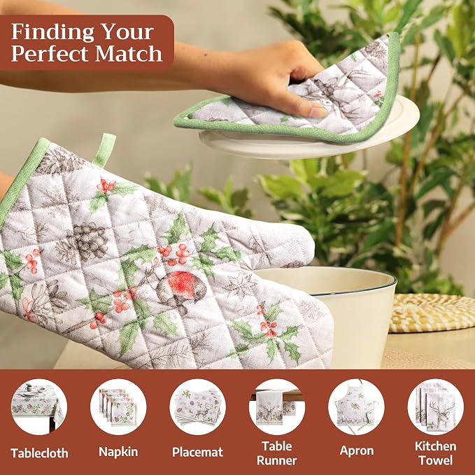 Maison d' Hermine 100% Cotton Oven Mitt & Pot Holder Set (7.5"x13" & 8"x8") | Heat Resistant BBQ Cooking Gloves with Loop Baking Grilling Kitchen Home Farmhouse Thanksgiving Christmas - Christmas Dew
