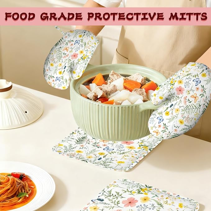 Wildflowers Oven Mitts and Pot Holders (4PCS),Vintage Plants Herb Flower Butterfly Heat Resistant Non-Slip Silicone Kitchen Gloves for Cooking, Baking, BBQ Waterproof Kitchen Accessories