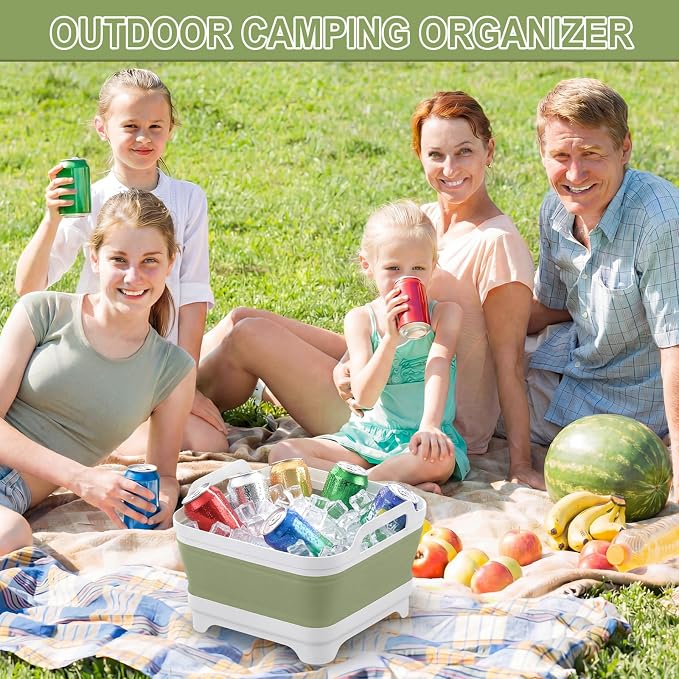 Yecuip Collapsible Baby Bottle Wash Basin w/Drying Rack & Drain Plug, Green | 2.4 Gallon Foldable Dish Tub w/Handles,Portable RV Camping Sink & Space-Saving Wash Bin with Lid for Kitchen,Travel & Outdoor