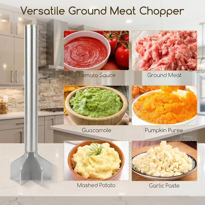 Meat Masher Stainless Steel, Heavy Duty Ground Beef Masher, 6-Blademeat Meat Chopper Potato Masher Hamburger Smasher, Dishwasher Safe (L, Stainless Steel)