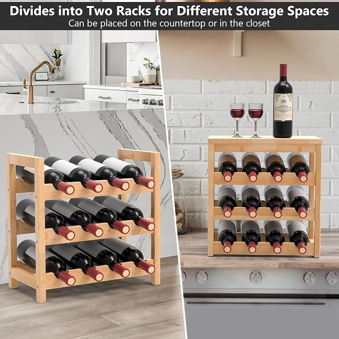 24 Botttle Wine Rack Freestanding Floor 6 Tier Bamboo Wine Rack Storage | 6 Tier Wine Rack Wine Storage Shelves for Kitchen Bar Dining Room Living Room Bamboo